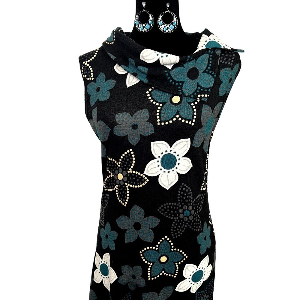 Papillon Black Teal White Knit Floral Patterned Dress Size Small Sleeveless